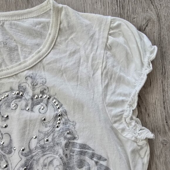 Y2K fairy silver metallic graphic print white tissue t-shirt | WMS M - Picture 3 of 7